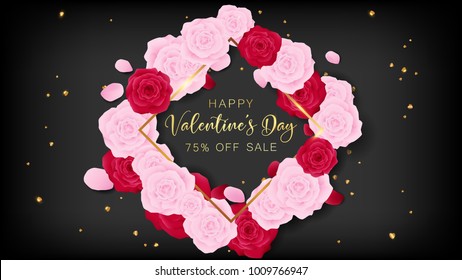 Love valentine's day square template included golden happy valentine's day text and border ,floral is arranged by pink rose and red rose along with golden heart glitter on the dark background