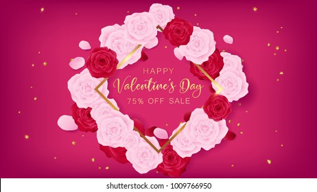 Love valentine's day square template included golden happy valentine's day text and border ,floral is arranged by pink rose and red rose along with golden heart glitter on the pink background
