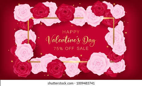 Love valentine's day template included golden happy valentine's day text and border ,floral is arranged by pink rose and red rose along with golden heart glitter on the dark red ground.