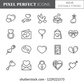 Love and Valentines Day theme line icons with editable stroke isolated on white background - vector illustration of pixel perfect outline symbols of congratulation elements for 14 February.
