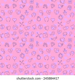 Love and valentines day theme vector seamless pattern, include a lot of thin line obects icons