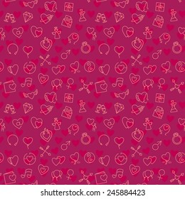 Love and valentines day theme vector seamless pattern, include a lot of thin line obects icons