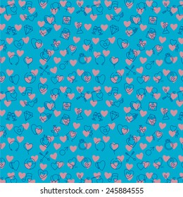 Love and valentines day theme vector seamless pattern, include a lot of thin line objects icons