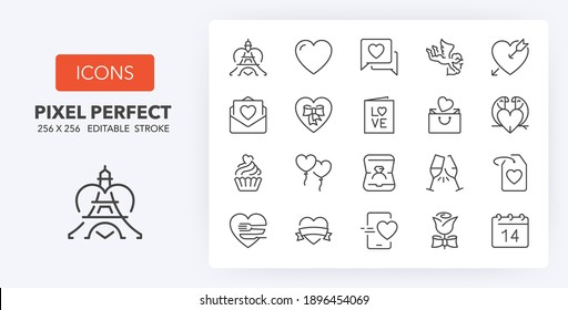 Love and valentine's day. Thin line icon set. Outline symbol collection. Editable vector stroke. 256x256 Pixel Perfect scalable to 128px, 64px...