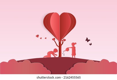 love valentines day the tree of love boys and girls are planting trees of love invitation card on abstract background and young joyful pink paper cut hearts.vector illustration.Paper Art Style Vector 