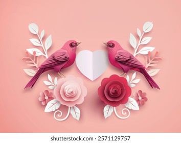 Love and Valentine's Day two pink birds face each other with a white heart between them, surrounded by roses, leaves, and floral elements in a delicate paper cut art style on a pastel pink background.