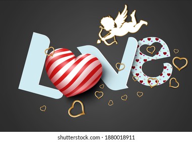 Love valentine's day vector background concept. Love text paper cut in black background with cupid characters and hearts element for romantic valentine design. Vector illustration