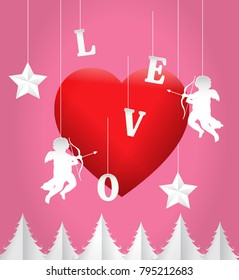 Love & Valentine's  day, the vector of a big red heart floating around with hanging cupids and stars, the letter LOVE are falling over the trees, on the pink background, retro/vintage paper art style