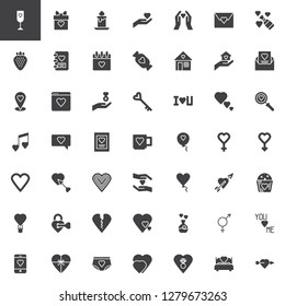 Love and Valentine's Day vector icons set, modern solid symbol collection, filled style pictogram pack. Signs, logo illustration. Set includes icons as Calendar page, I love you text, Romantic music
