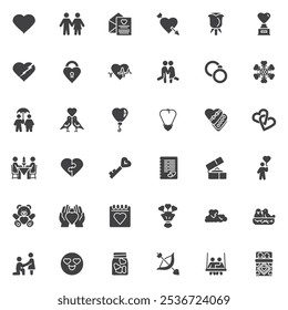 Love and Valentines day vector icons set, modern solid symbol collection, filled style pictogram pack. Signs logo illustration. Set includes icons as Heart shape, Flowers, Cupid Arrow, Engagement ring