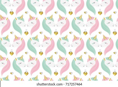 Love. Valentine's day. Vector seamless pattern with cute unicorns. All elements are  hidden under mask. Pattern are not cropped and can be edited. Fairytale. Dream. Fantasy. Magic