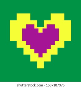 Love, Valentine's Day, yellow with purple heart on green background pixel for playing of squares isolated vector illustration