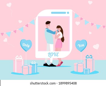 love for Valentine's day. and young joyful couple on window abstract pink background with text love and mini heart. design for valentine's festival .Vector illustration.paper art style.