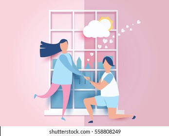 love for Valentine's day. and young joyful couple on window abstract pink background with cloud,sun and mini heart. design for valentine's festival .Vector illustration.paper craft style.