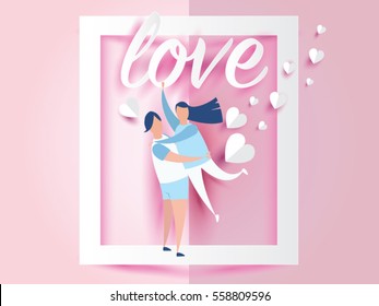 love for Valentine's day. and young joyful couple on window abstract pink background with text love and mini heart. design for valentine's festival .Vector illustration.paper craft style.