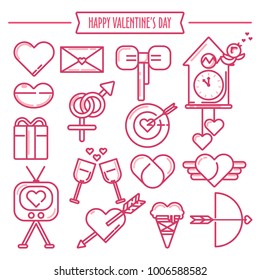 Love and valentines flat outline objects or icons set isolated on white background, vector illustration