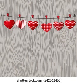 Love Valentines hearts hanging on texture wood background. Eps 10 vector