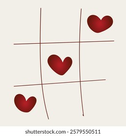 Love Valentine's Holiday Tic Tac Toe Game with Red Hearts. Vector Illustration