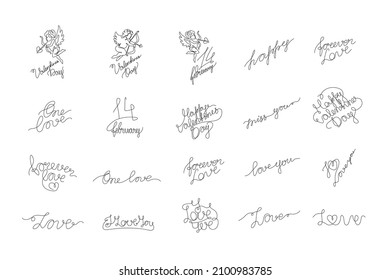 Love and Valentines lettering set.  Heart continuous line drawing, small tattoo, print for clothes and logo design, one single line on a white background, isolated vector illustration.