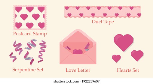 Amor San Valentín conjunto de sobre de carta de amor, serpentina rosada, cinta adhesiva con corazones y sello postal con corazones.