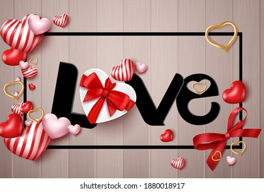 Love valentine's vector background concept. Love paper cut text in black frame with romantic elements like gifts and hearts for romantic valentine's day decoration design. Vector illustration