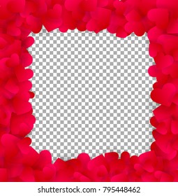 Love Valentines or wedding elegant frame made of red hearts isolated on transparent background. Vector illustration, love border, frame, template for design with space for image or text.