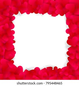 Love Valentines or wedding elegant frame made of red hearts isolated on white background. Vector illustration, love border, frame, template for design with copy space for image or text.