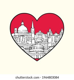 I love Valletta. Red heart and famous buildings, Malta Composition. Hand-drawn black and white vector illustration. Grouped and movable objects.