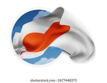 Amor, Vector 3d bandera contra un cielo azul, a través de un agujero redondo sobre un fondo blanco