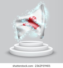 Love, vector 3d flag on the podium surrounded by a whirlwind of magical radiance
