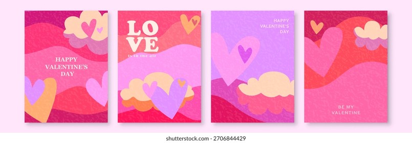 Love vector background, card set. Valentines day pattern for romance banner, poster, print, celebration template, layout. Creative modern illustration with hearts, clouds and waves.