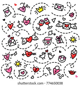 Love vector background with hand drawn hearts. Vector illustration.