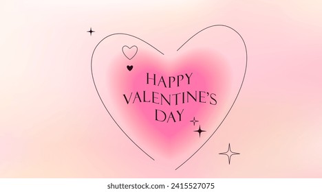 Love vector background. Modern banner with gradient heart shape, simple trend line element, wavy greeting text happy Valentines day. Minimal blur y2k design for romantic card.