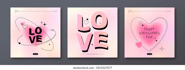 Love vector background. Modern card template with gradient heart shape, simple trend line element, wavy greeting text happy Valentines day. Minimal blur y2k design for romantic pattern.