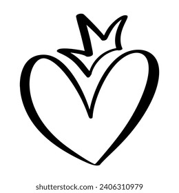 Love Vector black Heart shape frame with crown brush icon. doodle Hand drawn valentine day logo. Decor for greeting card, wedding, mug, photo overlays, t-shirt print, poster design