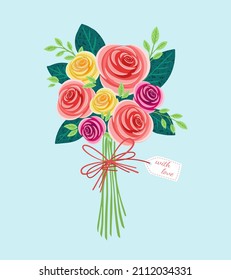 With love, Vector bouquet roses, of red, orange, yellow, blue and purple flowers isolated on blue background. March 8 Valentine's Day