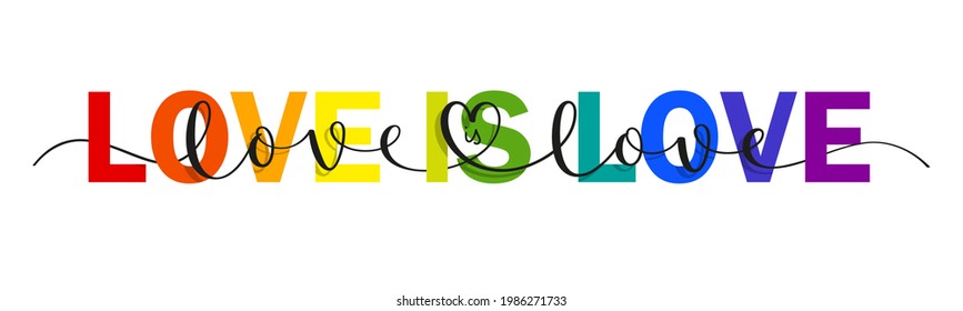 LOVE IS LOVE vector brush calligraphy banner with heart symbol on white background