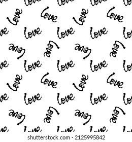 Love Vector Brush Heart Seamless Pattern Word Love Grange Minimalist Design in Black Color. Modern Grung Collage Background for kids fabric and textile