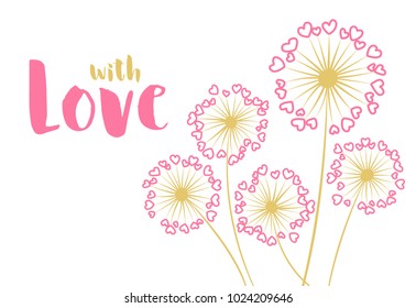 With love vector card with dandelion flower, feather fluff heart shaped. Pink gold illustration on white background. Love symbols, flying hearts. Valentine card with blow ball meadow flower