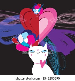 Love vector cat with heart on blue abstract background
