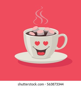 Love vector character, a cup of hot drink, coffee, tea etc with marshmallow