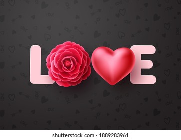 Love vector concept design. Love 3d text with dahlia or rose flower and heart elements for valentines day and wedding celebration in black pattern background. Vector illustration
