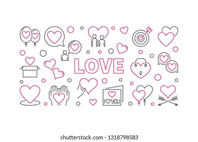 Love vector concept horizontal outline illustration or banner on white background