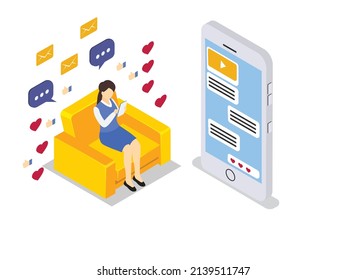 Love vector concept. Young woman looks happy while chatting with her boyfriend on mobile phone during long distance relationship