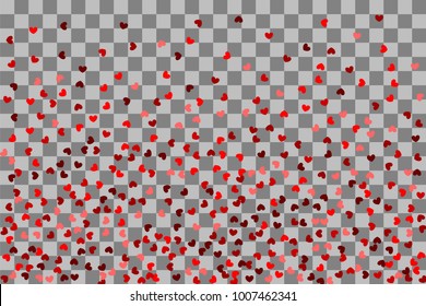 Love vector decoration design. Romantic transparent background illustration random falling. Paper Valentine origami banner. Red heart holiday frame. Valentines Day confetti shimmer hearts.