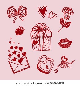 Love vector doodle set for wedding with gift and rose flower in sketch style with hand drawn line art. Red on pink builds a romantic look. Good for valentine day design and for cute card background.