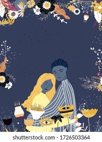 Tarjeta de saludo vectorial de amor de estilo plano. Amorosos abrazos de pareja rodeados de flores y hojas. Ilustración moderna con cartas dibujadas a mano.