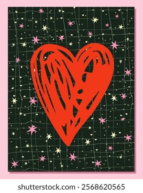 Love vector greeting card, poster with red hand drawn doodle heart with stars for Valentine's Day designs