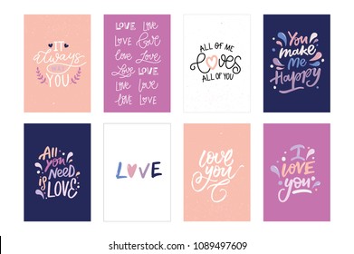 LOVE VECTOR HAND LETTERING POSTCARDS. IT ALWAYS WAS YOU,  LOVE, ALL OF ME LOVES ALL OF YOU, YOU MAKE ME HAPPY, ALL YOU NEED IS LOVE