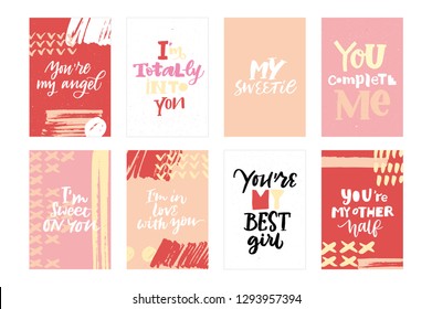 LOVE VECTOR HAND LETTERING POSTCARDS. YOU ARE MY ANGEL, I'M TOTALLY INTO YOU, MY SWEETIE, COMPLETE ME, I'M SWEET ON YOU, I'M IN LOVE WITH YOU, YOU'RE MY BEST GIRL, YOU'RE MY BEST HALF